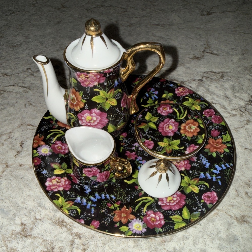 Charlotte Chintz Black Floral Miniature Porcelain Tea Set Replacement Parts